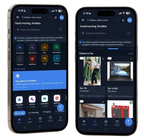 Konekta home and explore screens on two phones