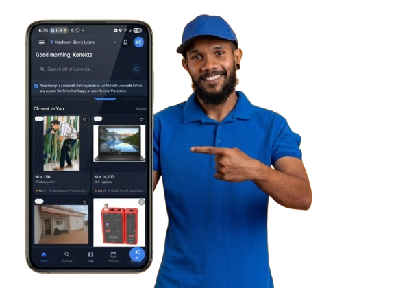 Konekta marketplace on a phone next to a customer
